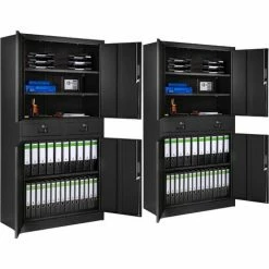 TECTAKE 2er Set Aktenschrank Mit 2 Schubfächern 180x90x40cm - Büroschrank, Rolladenschrank, Hängeregisterschrank - Schwarz