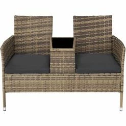 TECTAKE Rattan Gartensitzbank Mit Tisch - Gartenbank, Sitzbank, Holzbank - Natur/dunkelgrau -TECTAKE Shop 58150071 3