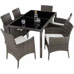 TECTAKE Rattan Sitzgruppe 6+1 Mit Schutzhülle - Gartenlounge, Terrassenmöbel, Rattan Lounge - Grau/weiß -TECTAKE Shop 58654774 3