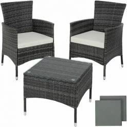 TECTAKE Rattan Gartenset Luzern 2+1 Inkl. Bezüge In 2 Farben - Gartenlounge, Terrassenmöbel, Rattan Lounge - Grau